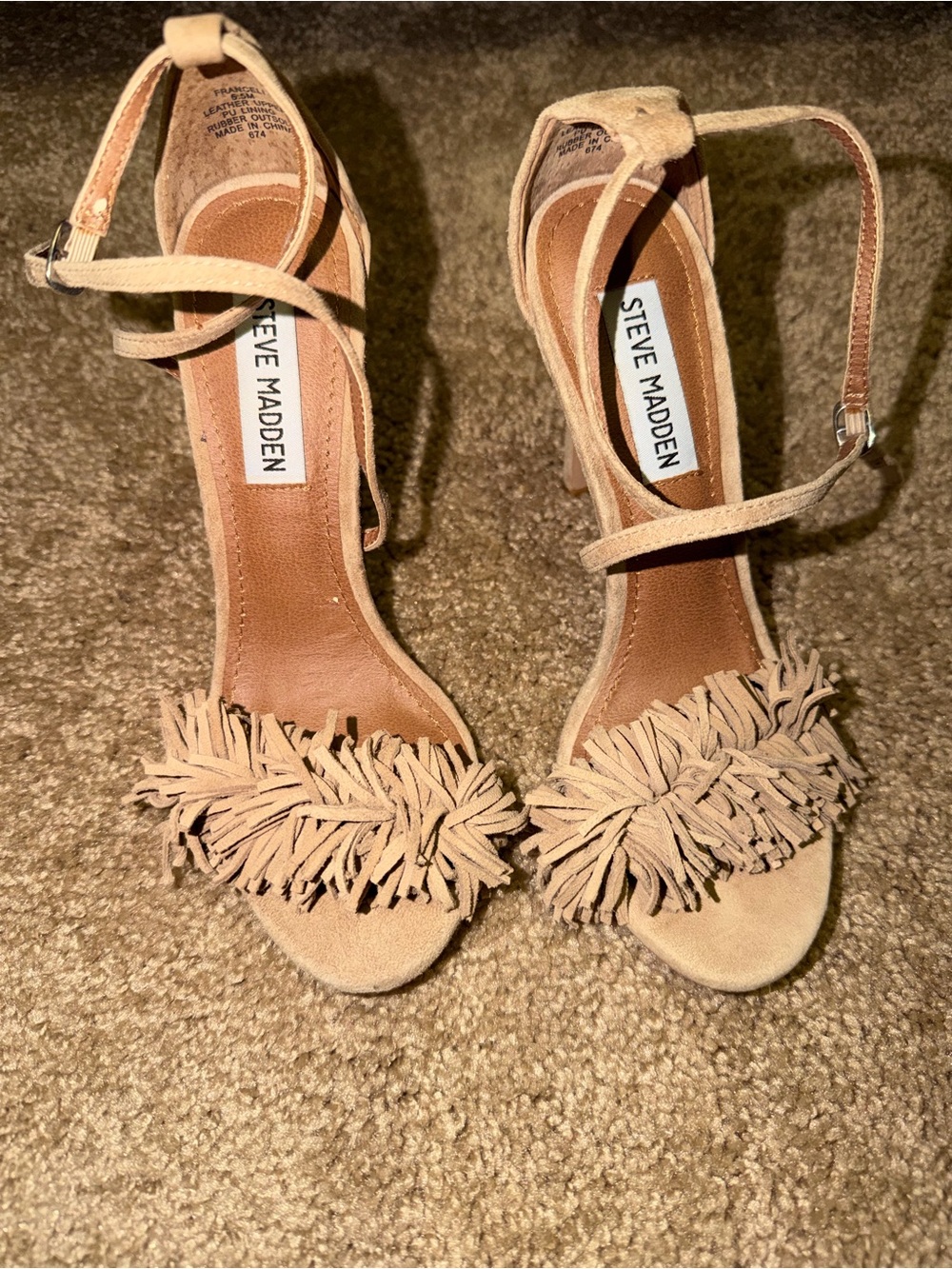 Steve Madden Nude Suede Fringe Ankle-Strap Heels